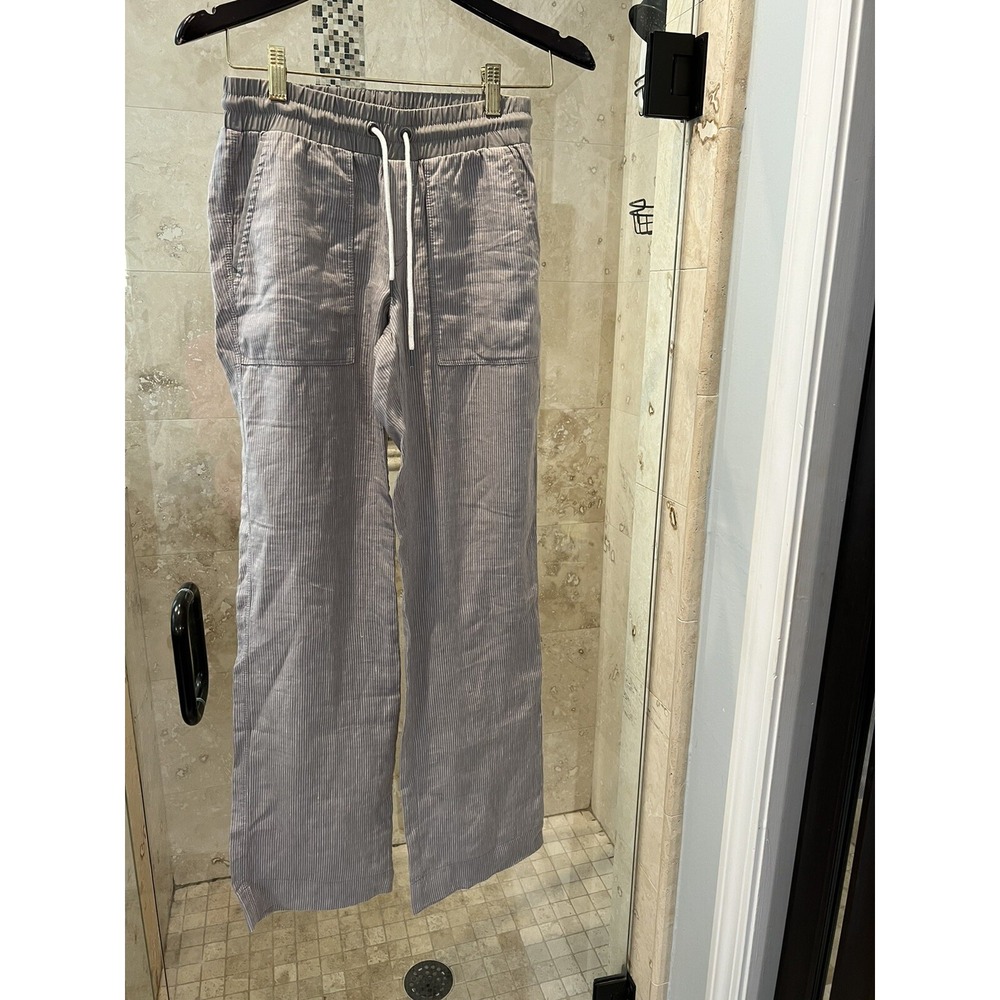 Athleta Linen Pinstripe Wide Leg Pants Gray Taupe White Drawstring Size 0